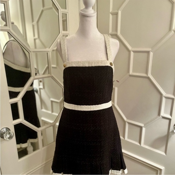 ALICE + OLIVIA Clarine Black White Trim Mini Square Neck Tweed Mini Dress Sz 10 - Picture 7 of 15